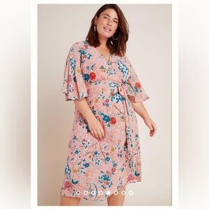 Anthropologie Pink Floral Midi Dress with Teal and Red Accents